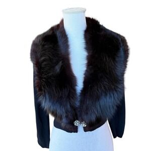 Vintage Cyn Les Black Cropped Cardigan Brown Faux Fur Collar Rhinestone Clasp